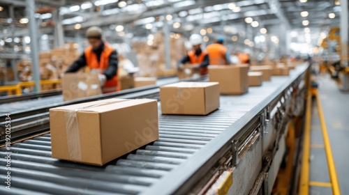 Workers sorting boxes on a conveyor belt in a warehouse.