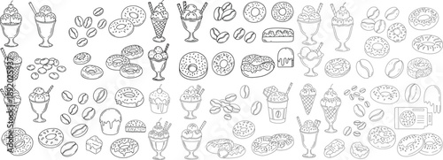 A delightful collection of hand-drawn desserts and coffee treats, perfect for food lovers and artists alike.