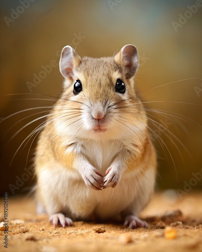 Cute gerbil standing on hind legs looking directly at camera