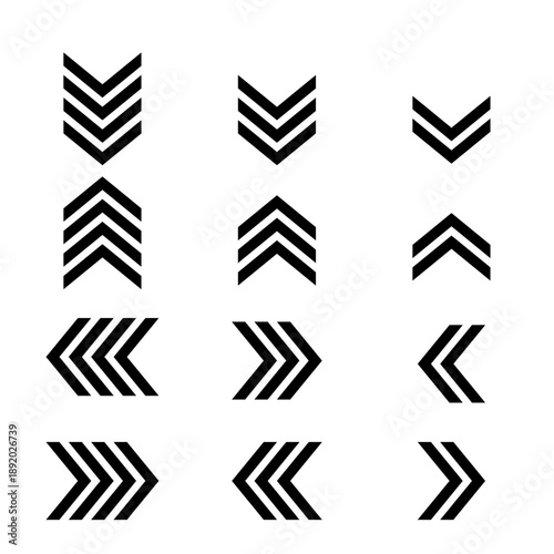 A clean and modern set of minimal chevron arrow icons in black, featuring multiple directional variations and stacked styles. Ideal for user interface design, navigation systems, infographics, present