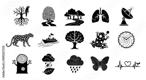 This exclusive set of twelve black vector icons presents fresh and symbolic Amazon rainforest concepts through clean silhouettes and minimal design. Featuring creative interpretations of forest 