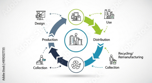 Circular diagram illustrating the product lifecycle from design and production to use distribution collection and recycling for business presentations and infographics