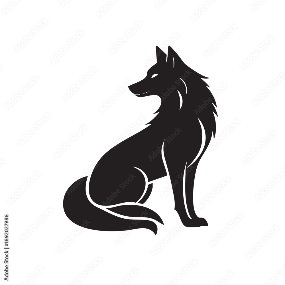 Fototapeta premium Black silhouette of a wolf sitting and looking to the side