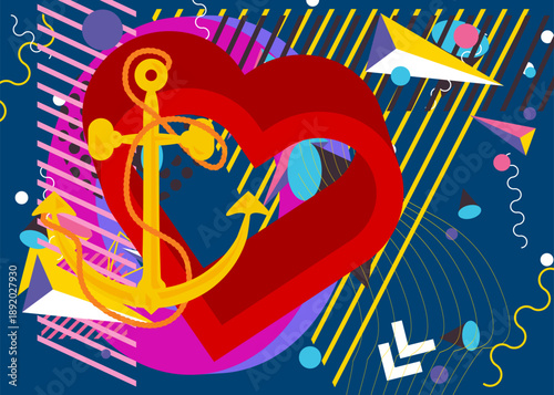 Heart and Anchor geometrical graphic retro theme background. Minimal geometric elements. Vintage abstract shapes vector illustration.