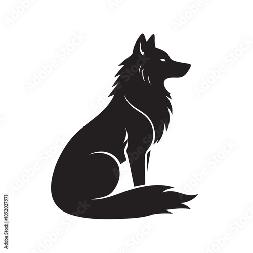 Black silhouette of a sitting wolf with long fur