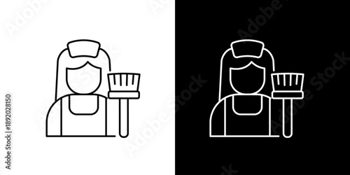Icon Illustration of a housekeeper holding a cleaning brush, representing cleaning services and household chores