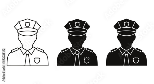 Set of three police officer icons in different styles for branding and design use.
