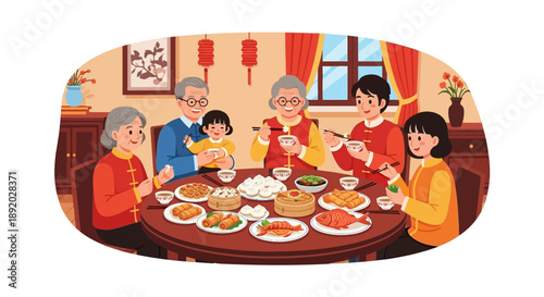 Illustration of a Chinese family gathered around a table enjoying a meal together during the Spring Festival extended holiday in a traditional home setting with lanterns and tanglung