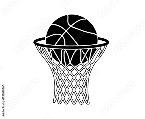A stylized black-and-white vector illustration captures a basketball resting inside the woven mesh of a net, freezing the moment of a perfect shot with bold, high-contrast lines