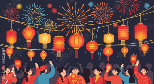 Illustration of people celebrating spring festival with lanterns and fireworks at night in China.