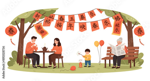 Illustration of a Chinese family celebrating the spring festival extended holiday with traditional lanterns and decorations in a park.