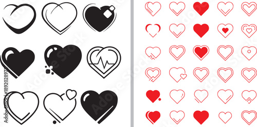 A large collection of stylized vector heart icons in black and red. Features diverse designs including bold solids, elegant outlines, glossy 3D effects, and pulse line graphics for versatile use.