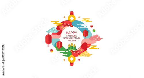 Illustration of a vibrant Chinese New Year celebration with a dragon, lanterns, and fire horse elements, featuring a happy woman in a colorful, sketch-style design.