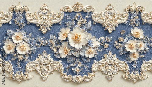 Intricate floral baroque molding creates a three dimensional luxury wallpaper design