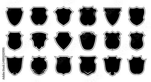 Collection of black shield icons arranged in a grid pattern for graphic resources.