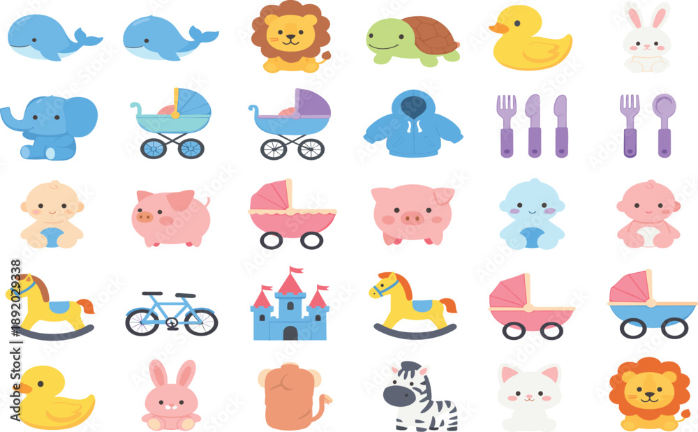 Fototapeta premium Cute baby animals, toys, and nursery items icon set with pastel colors for kids education and playful design