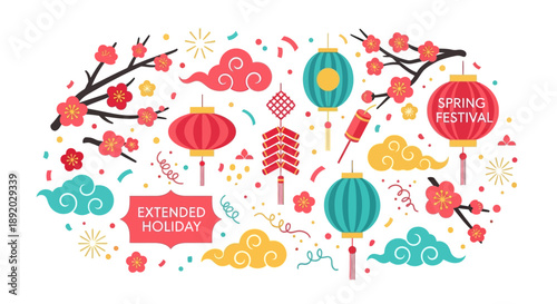 A colorful illustration of a spring festival celebration with lanterns, cherry blossoms, and dragon designs on a white background, conveying a joyful mood.