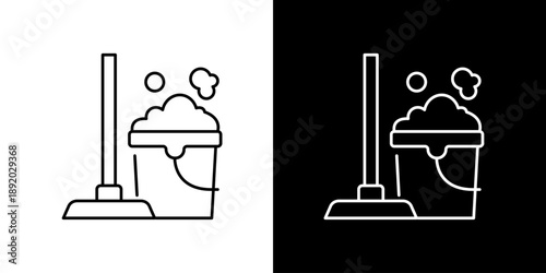 Cleaning service icon with mop and bucket with soap bubbles in outlined style on white and black backgrounds