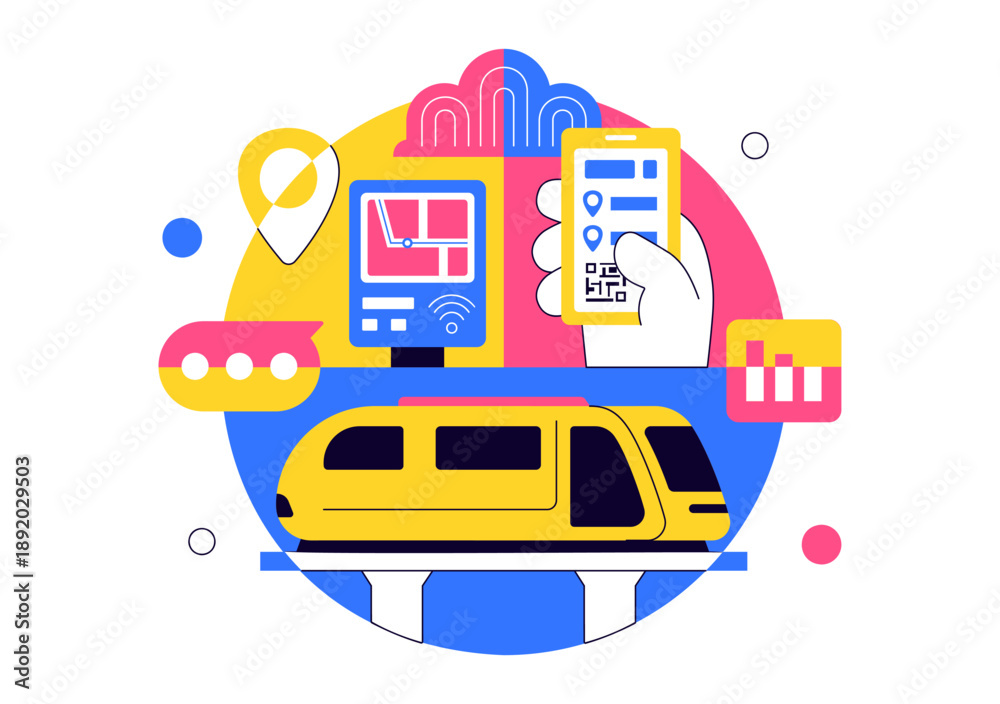 Obraz premium Futuristic Transportation System Vector Illustration Featuring Smart Mobility, Autonomous Vehicles, And Urban Infrastructure With Flat Background
