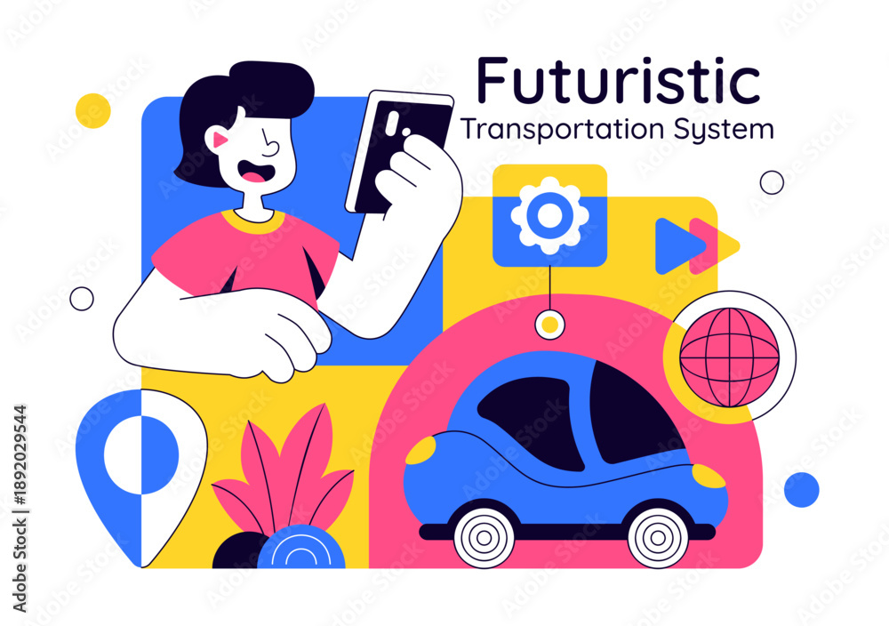 Naklejka premium Futuristic Transportation System Vector Illustration Featuring Smart Mobility, Autonomous Vehicles, And Urban Infrastructure With Flat Background