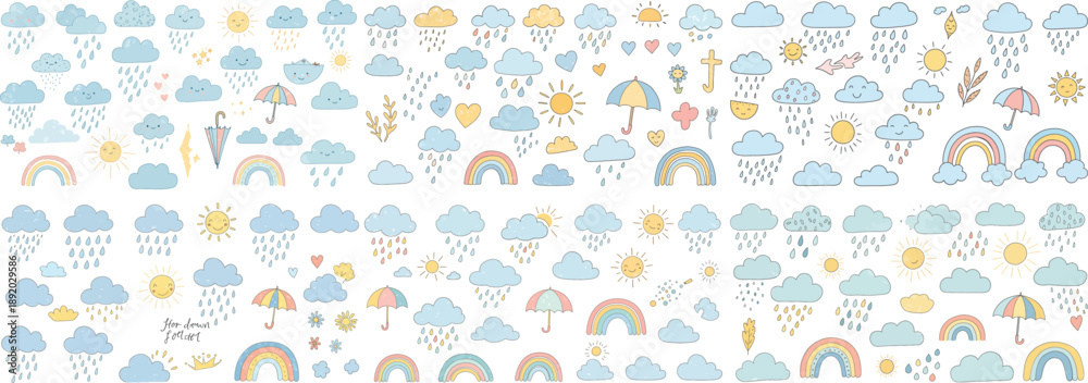 Naklejka premium A playful illustration featuring a variety of weather symbols in soft pastel colors.