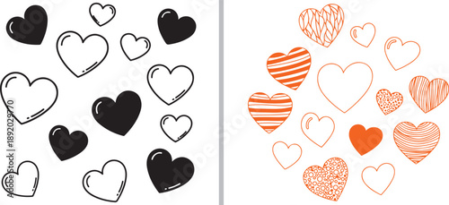 A charming collection of hand-drawn heart doodles in black and orange, featuring solid, outlined, and textured patterns perfect for romantic and creative designs.