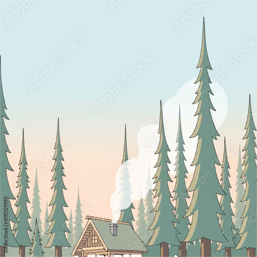 Cabin Surrounded by Tall Pine Trees.