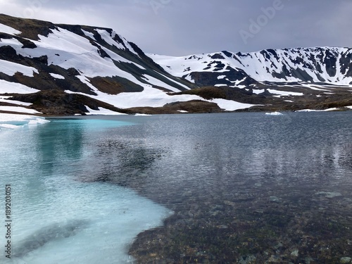 Snow Fields and a Remote Lake in Alaskan Mountains