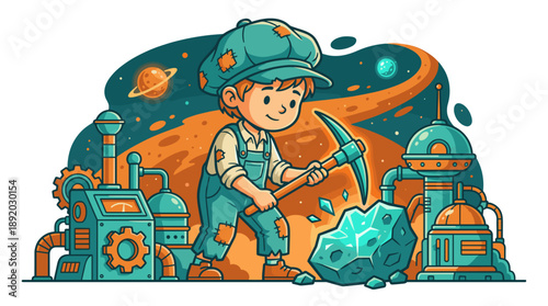 Little boy miner working with pickaxe breaking rocks vector illustration depicting hazardous industrial child labour, mining exploitation, and hard manual work.