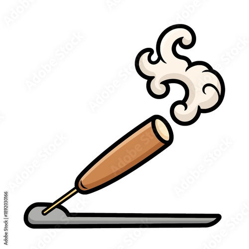 Cartoon illustration of a burning incense stick in a holder with smoke rising.