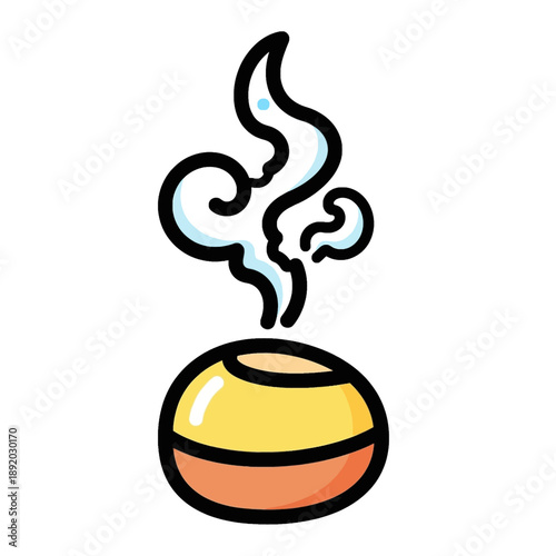 A simple, cartoon-style illustration of an incense burner or essential oil diffuser with light blue smoke rising from it, featuring a yellow top and orange base.