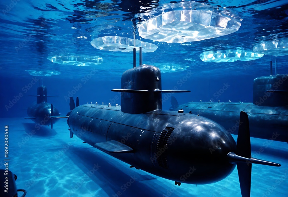 Fototapeta premium Fleet of military submarines docked inside a frozen naval base, symbolizing maritime power, stealth technology, national defense, and Pearl Harbor Remembrance Day in an arctic setting.