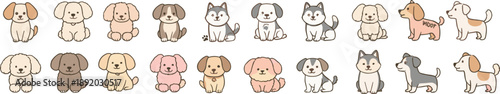 Cute puppy dog cartoon character vector set with different breeds sitting standing and walking isolated on white