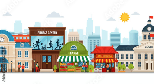 Vibrant Street Scene in a Colorful Urban Market with Shops and Skyscrapers.