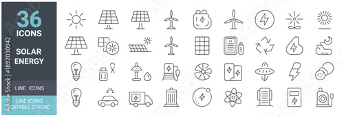 solar power line icons collection, editable stroke icons for solar panel, renewable energy, electricity, battery storage, power generation, and eco systems.