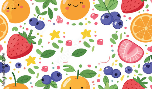 Cute seamless fruit pattern with smiling oranges strawberries blueberries leaves and stars in colorful flat cartoon style
