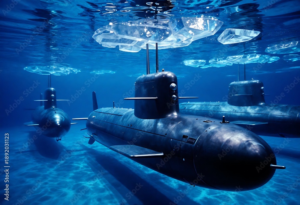 Obraz premium Fleet of military submarines docked inside a frozen naval base, symbolizing maritime power, stealth technology, national defense, and Pearl Harbor Remembrance Day in an arctic setting.