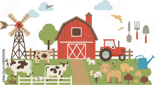 Farm landscape illustration with red barn, windmill, tractor, cows, sheep, and agriculture tools in flat vector style