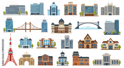 Diverse urban buildings and architectural silhouettes in a cityscape collage.