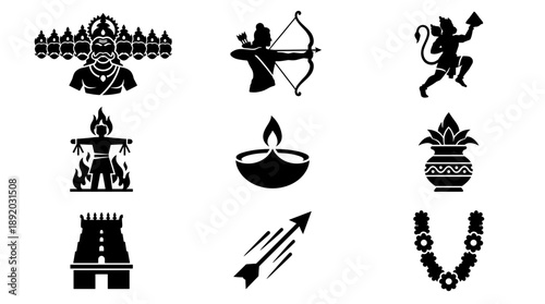 Dussehra vector silhouette icons illustrating ramayana story with ten headed ravana lord rama hanuman burning effigy diya and temple symbols for vijayadashami festival