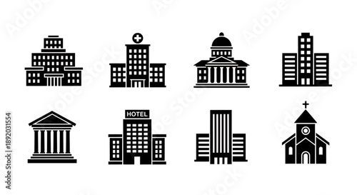 Collection of diverse cityscape buildings and architectural silhouettes in black icons.