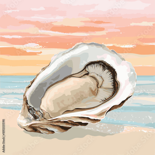 Freshly opened oyster on a pastel background , vector style simple color