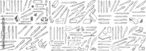 An artistic overhead view of assorted stationery items, including pens, pencils, erasers, and paperclips.