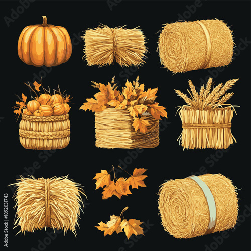 Golden straw bales for autumn harvest decoration , vector style simple color