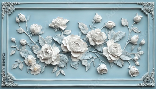 Elegant three dimensional floral carving features white roses on a pale blue decorative panel.