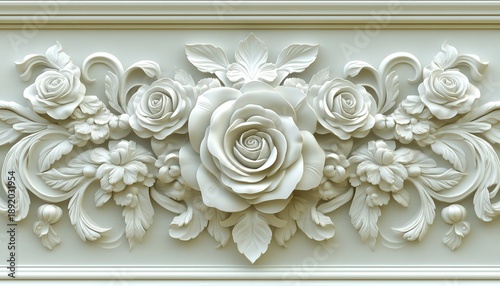Elaborate floral bas-relief sculpture showcases intricate botanical designs in monochrome