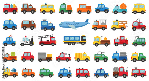 Bright and playful pattern of colorful toy vehicles including cars and buses.