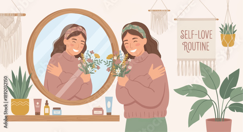 Flat vector illustration of woman hugging herself representing self love and mental wellness.