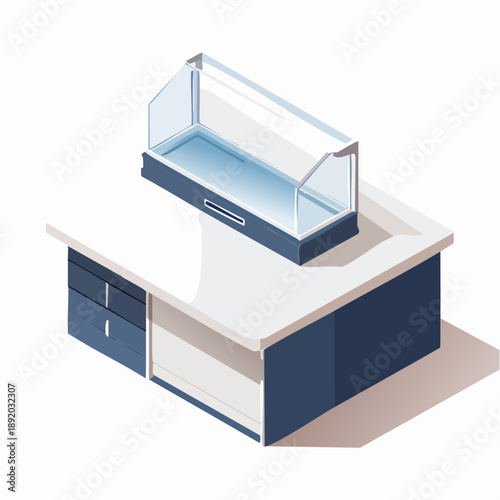 Isometric view of a modern counter display case with glass cover, ideal for retail or food service presentation