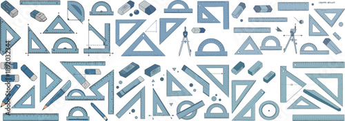 Collection of drawing tools including rulers, protractors, and erasers in various shades of blue.